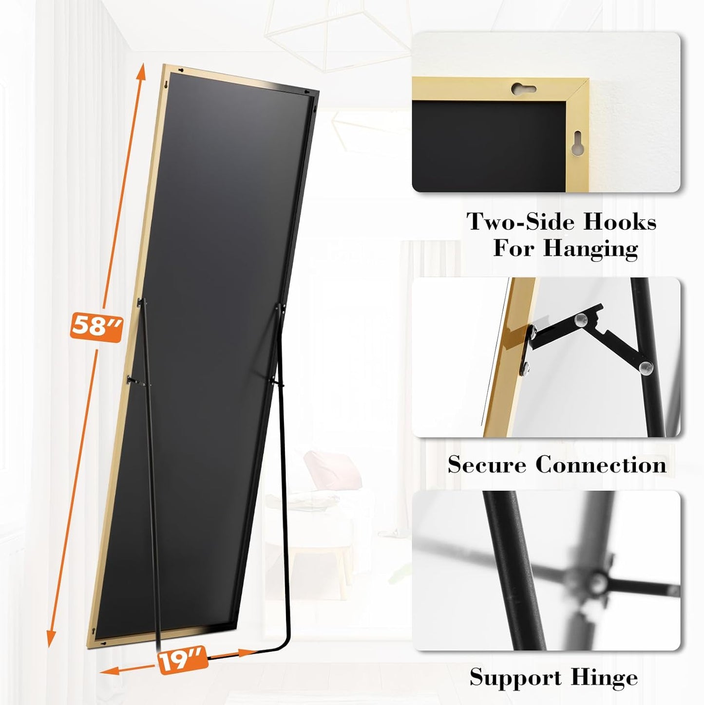 DUMOS Full Length Mirror 64"x21" Full Body Floor Mirror for Bedroom or Cloakroom, Can Stand Alone, Hang or Lean Against Wall, Tall Wall Mirror with Stand, Black