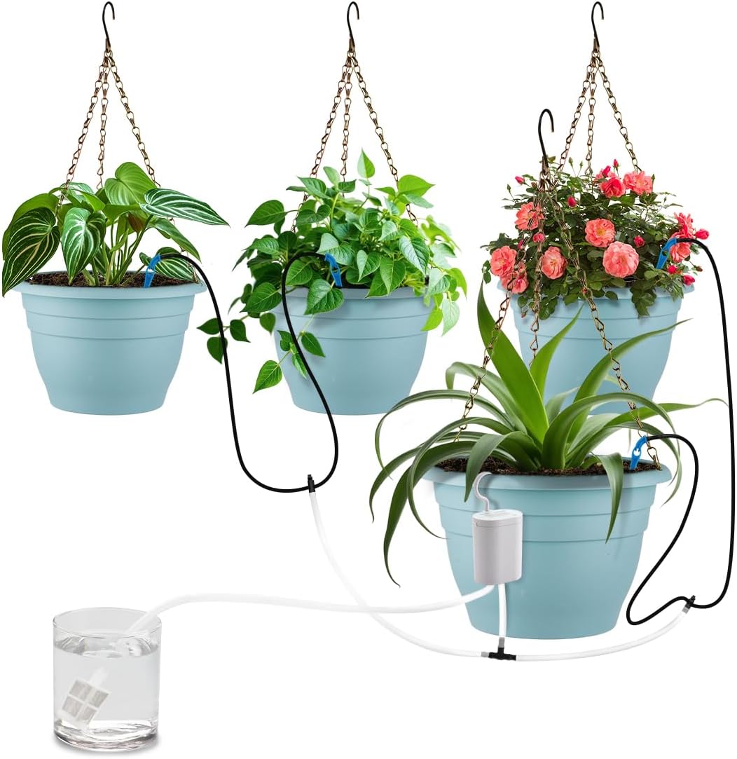 RooTrimmer Hanging Planters for Indoor Outdoor Plants 8 and 10 Inch, 4 Packs Hanging Flower Pot with Drainage Holes, Self-Watering Hanging Basket Perfect for Home, Office and Garden, White
