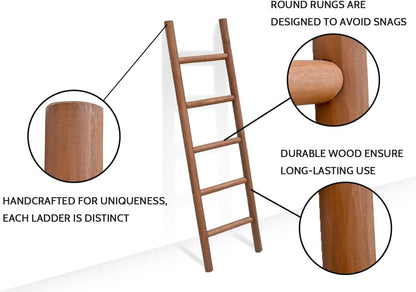 FUIN 57in Wood Blanket Ladder Living Room Decorative Wall Leaning Farmhouse Quilt Display Holder Rustic Wooden Towel Rack for Bathroom, Brown