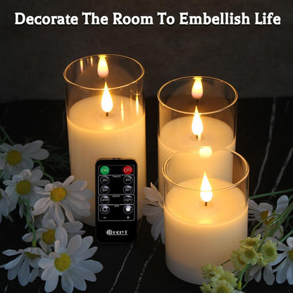 Rechargeable Flameless Glass Pillar Candles–Gifts for Women,–Set of 3, Realistic Flickering LED Light,Remote & Timer, Ideal for Living Room, Bedroom & Festival Wedding Home Party Decor