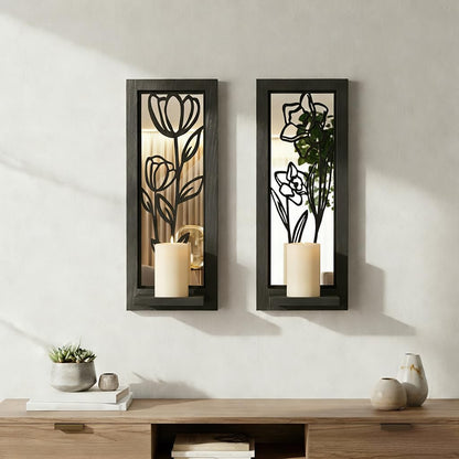 Wood Wall Sconce Candle Holder Set 2, Rustic Wall-Mount Candle Holders, Farmhouse Hanging Wall Décor, Carved Wood Frame, Mirrored Candle Holder (Distressed White)