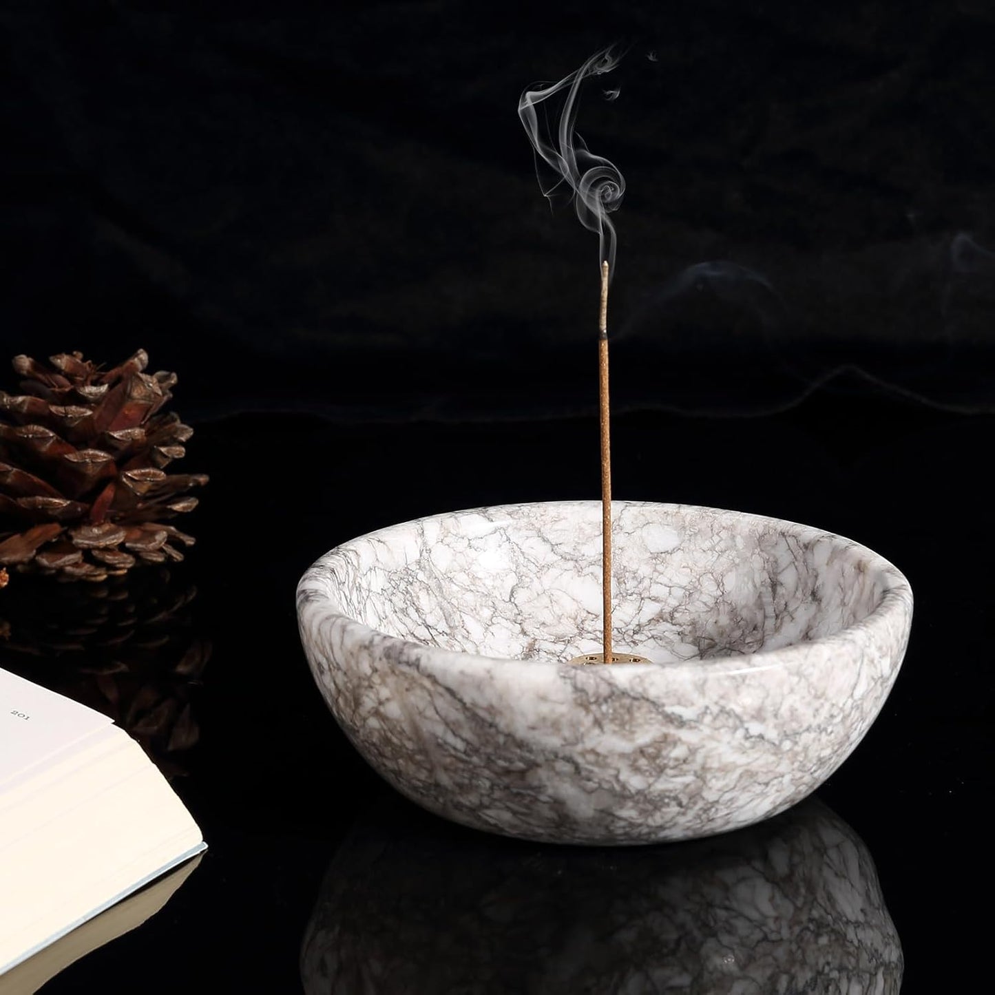 Koville Natural Marble Incense Holder, Incense Holder for Sticks with 9 Holes, Handmade Incense Burner Ash Catcher for Meditation Yoga SPA, Balsam Fir/Palo Santo/Sage/Cone (Green)
