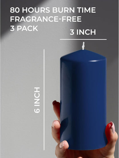 CANDWAX 3x4 inch Pillar Candles Set of 3 – Unscented Dripless Rustic Dark Blue Candles for Room Decor, Weddings, Centerpieces