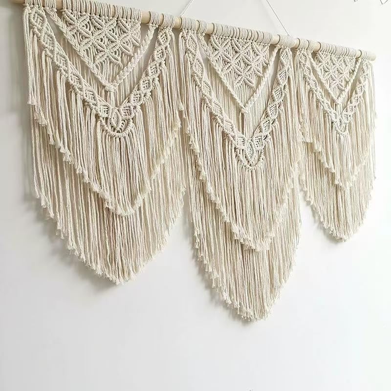 oiikain Large Handmade Boho Macrame Wall Hanging Tapestry - Chic Bohemian Woven Home Decor art for Living Room, Bedroom, and Wedding Parties (Beige, twelve rhombus)