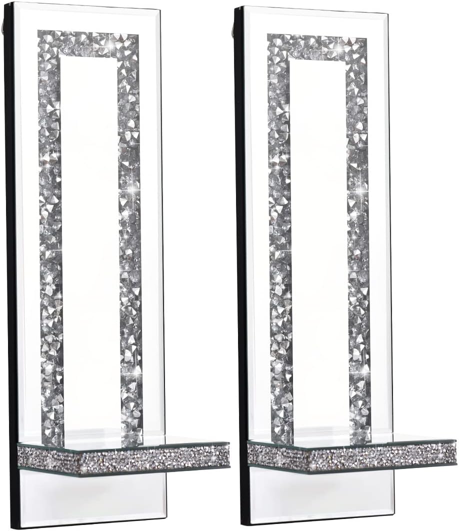 Aeveco Crystal Crush Diamond Mirrored Candle Sconces, Silver Wall Candle Holder Set of 2, Wall Decorations for Living Room，Dining Room (Rectangle Stripe (Style 4))