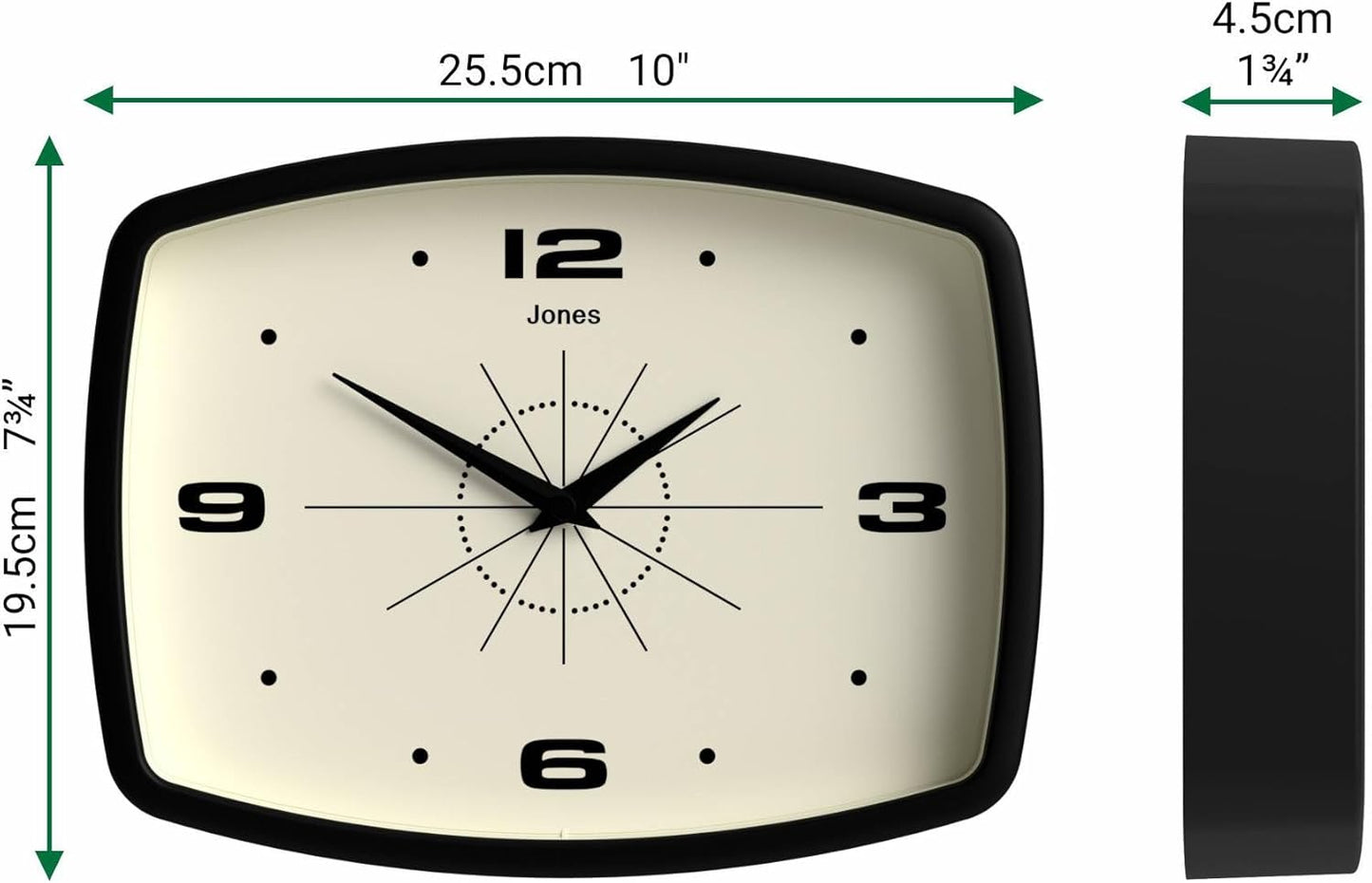 JONES CLOCKS® Movie wall Clock | Retro Rectangular Clock | 10 inch | Orange | Cool mid-Century Designer Look for Kitchen, Living Room or Office