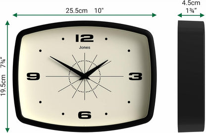 JONES CLOCKS® Movie wall Clock | Retro Rectangular Clock | 10 inch | Orange | Cool mid-Century Designer Look for Kitchen, Living Room or Office