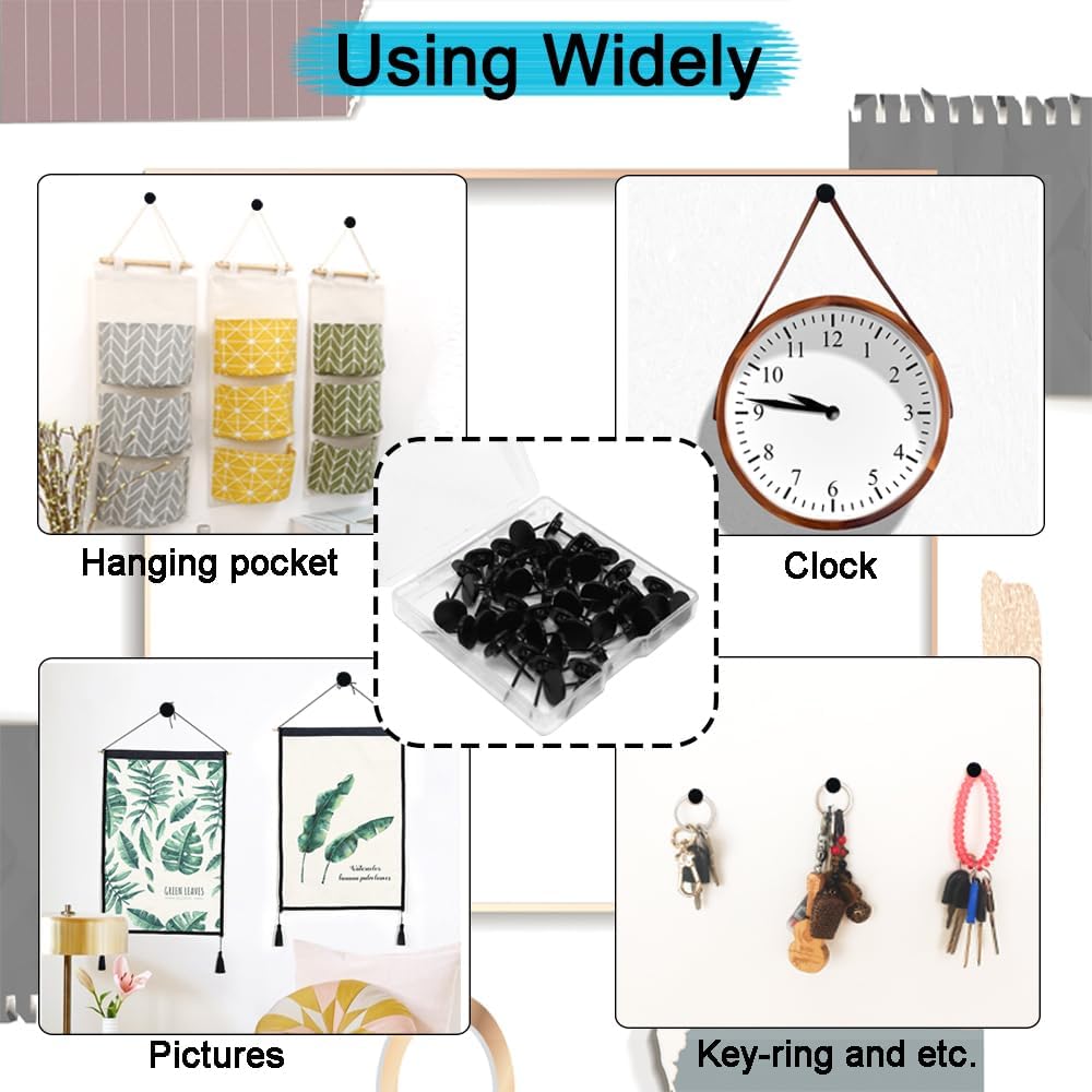 50 PCS Push Pins Picture Hangers Wall Hooks, Double Headed Thumb Tacks for Wall Hangings, Renter Friendly Decor Small Picture Frame Hangers for Drywall Cork Board Home Office Photo Decorations(Black)