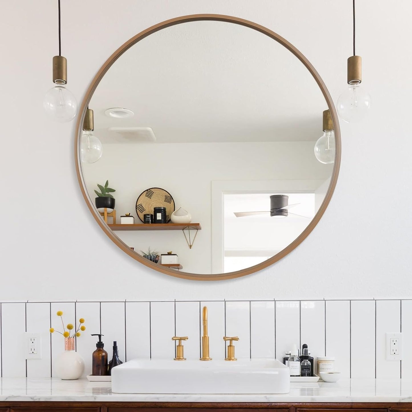 WallBeyond Wood Round Mirror with Wood Frame 24 inch Circle Wall Mirror for Bathroom Round Wall Mirror for Wall Decor, Vanity, Entryway Living Room (Walnut)