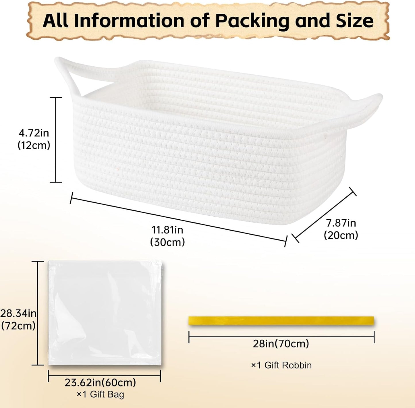 OIAHOMY Woven Basket, Gift Basket Empty with Gift Bags and Ribbons, Rope Baskets for Baby Showers, Storage Baskets with Handles for Nursery, Pet Toy Organizer - White