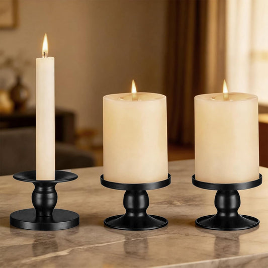 Pillar & Taper Dual Candle Holder: Fit 3"D and 0.87"D Candles - Stable Wide Base & Easy Clean - Smooth Metal Texture Candlestick for Wedding Home Holiday Table Centerpiece Decor - Set of 3 Gift (Gold)