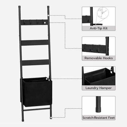 HOOBRO Blanket Ladder with Basket, 17.3”L x 63.4”H, Towel Rack with Hooks, Blanket Holder Rack, Decorative Ladder Shelf, Drying and Display Rack for Bathroom, Living Room, Rustic Brown BF31CJ01