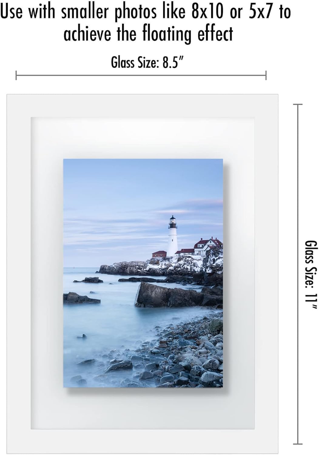 Americanflat 8x10 Floating Picture Frame with Polished Crystal-Clear Glass - Use as 5x7 Picture Frame or Display 4x6 Photo - Signature Float Collection - Photo Frames for Tabletop or Wall - Black