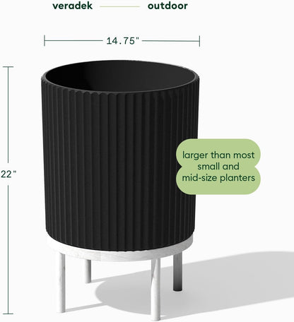 Veradek Demi Series Round Planter w/ Stand for Porch/Patio | Durable Plastic-Concrete & Wooden Stand | Modern Décor for Tall Plants, Flowers
