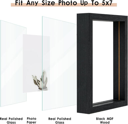 MUYE 11x14 Floating Frame Set of 2,Double Glass Rustic Frame,Display Any Size Photo up to 11x14,Wall Mount or Tabletop Standing,Natural