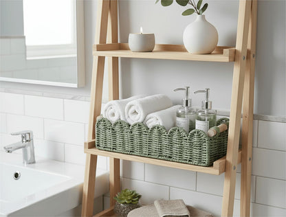 CubesLand Paper Rope Scalloped Edge Toilet Paper Storage Basket, Small Living Room, Bedroom Decor Baskets for Over Toilet Storage Shelf, End Table, Shelves and More, with 2 Wooden Handle, Neutral
