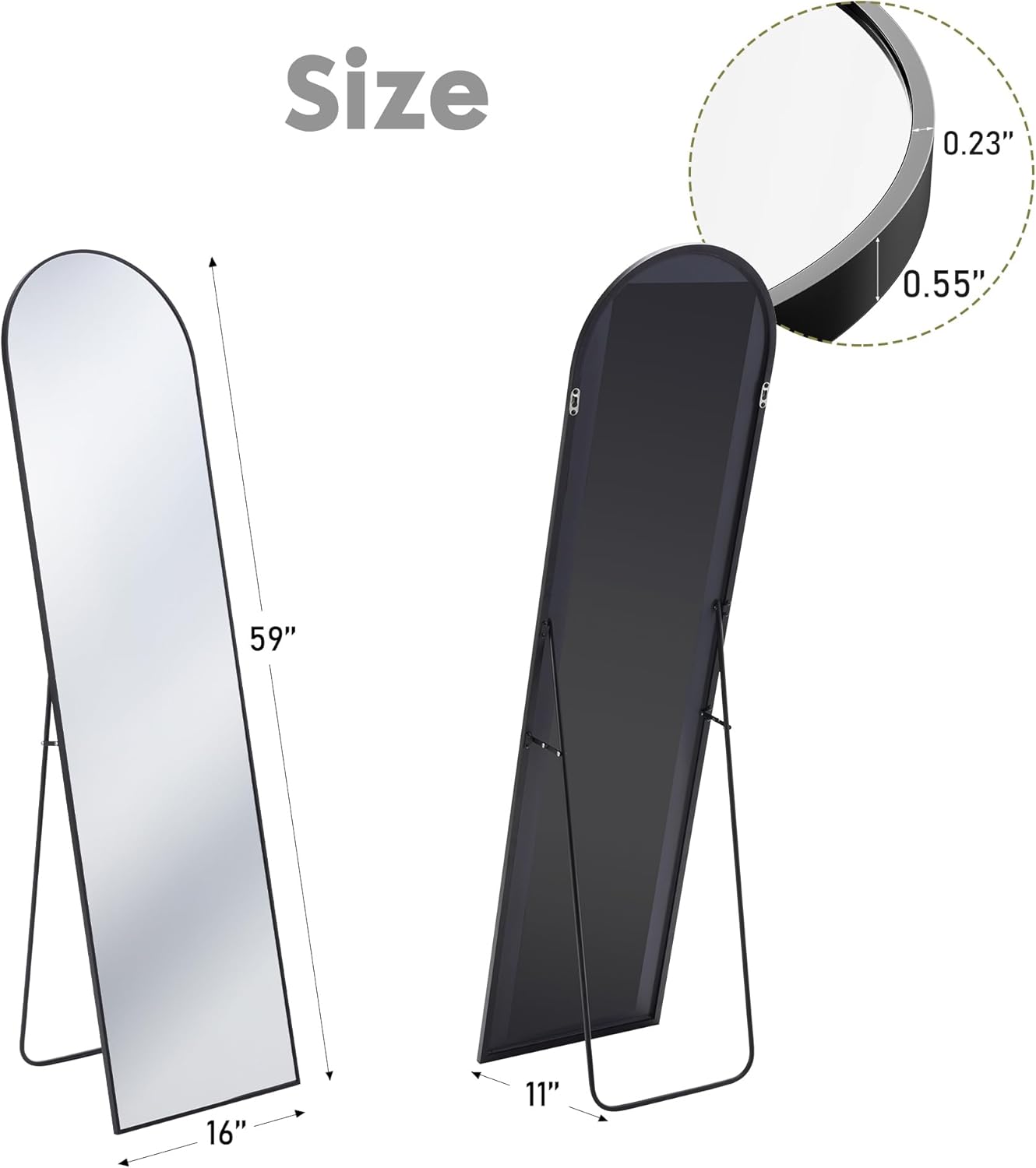 DUMOS Arched Full Length Mirror with Stand 64"x21" Floor Standing Aluminum Frame for Bedroom Body Hanging Leaning Modern Simple Home Decor Shatter-proorf Nano Glass Wall Living Room Cloakroom Black