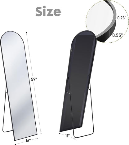 DUMOS Arched Full Length Mirror with Stand 64"x21" Floor Standing Aluminum Frame for Bedroom Body Hanging Leaning Modern Simple Home Decor Shatter-proorf Nano Glass Wall Living Room Cloakroom Black