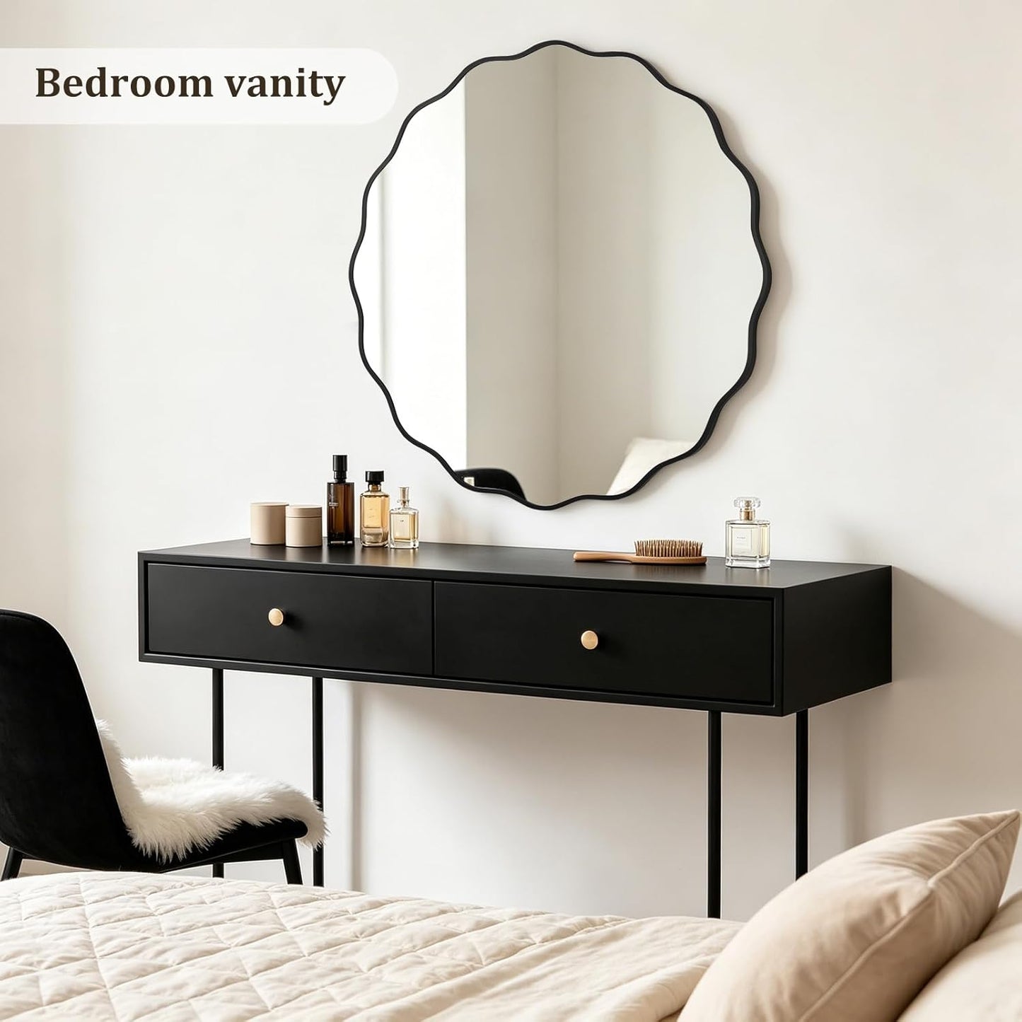WallBeyond Round Wavy Mirror for Wall Decorative 24 inch, Modern Round Mirror Aluminum Frame for Bathroom Bedroom Living Room Home House Office Entryway, Gold