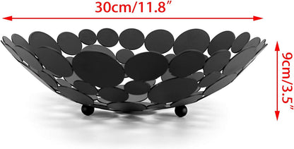 OwnMy Metal Fruit Bowl Basket Creative Table Centerpiece Fruit Stand Decorative Countertop Fruit Holder for Kitchen Counter, Iron Large Fruit Plate Round Storage Tray for Bread Snacks Candy (Black)