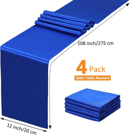 SiinvdaBZX 4 Pcs Royal Blue Satin Table Runner 12 x 108 inches Long, Bright Smooth Satin Wedding Table Runner Decorations for Birthday Parties, Buffet, Banquets, Graduations, Engagements