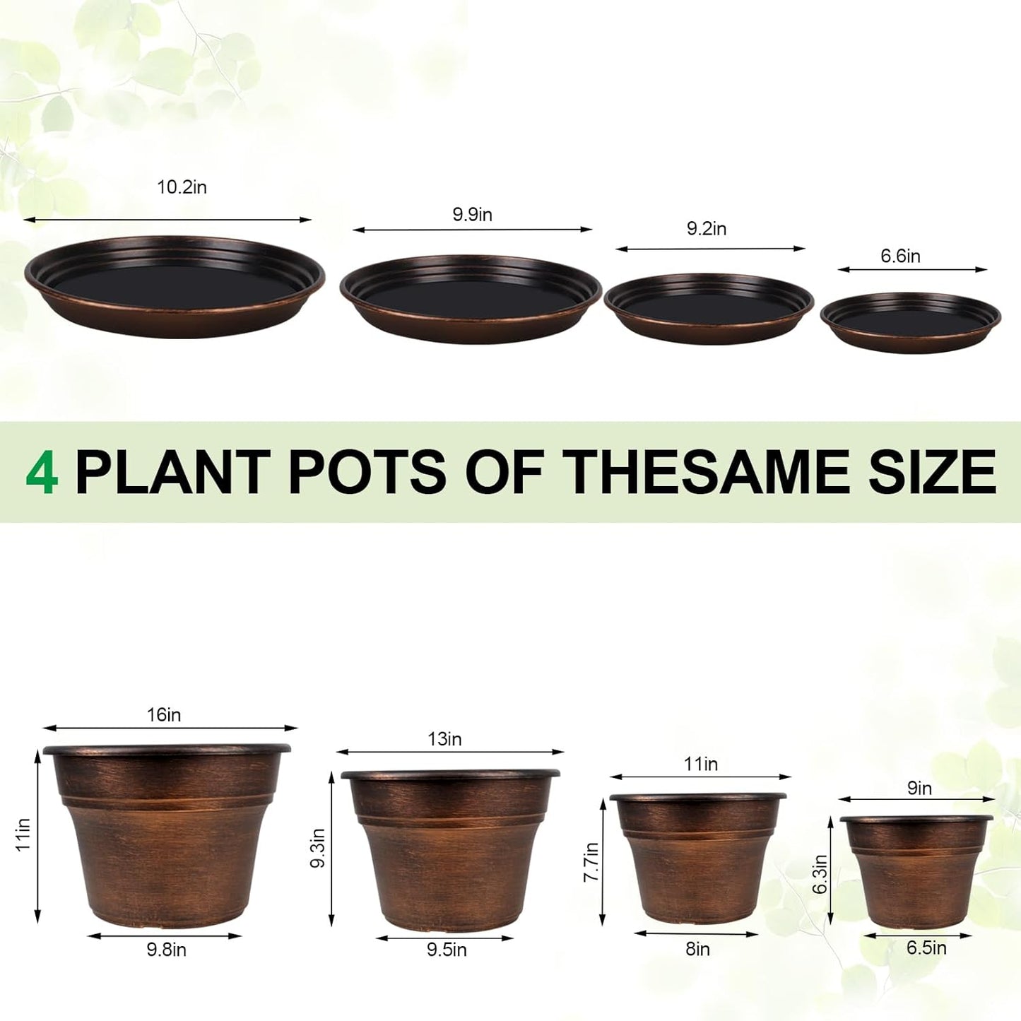 Fodetyff 10 Inch Planters Plant Pots Indoor Outdoor, 4 Pack Plastic Flower Pot for Indoor Plants with Drainage Holes & Trays, Resin Decorative Container Sets with Saucer for House Garden Copper