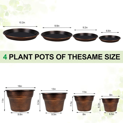 Fodetyff 10 Inch Planters Plant Pots Indoor Outdoor, 4 Pack Plastic Flower Pot for Indoor Plants with Drainage Holes & Trays, Resin Decorative Container Sets with Saucer for House Garden Copper