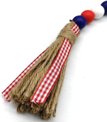 Wood Bead Garland with American Flag and Rustic Tassels, Farmhouse Wall Hanging Prayer Beads Patriotic American Independence Day 4th of July Ornaments for Home Decor