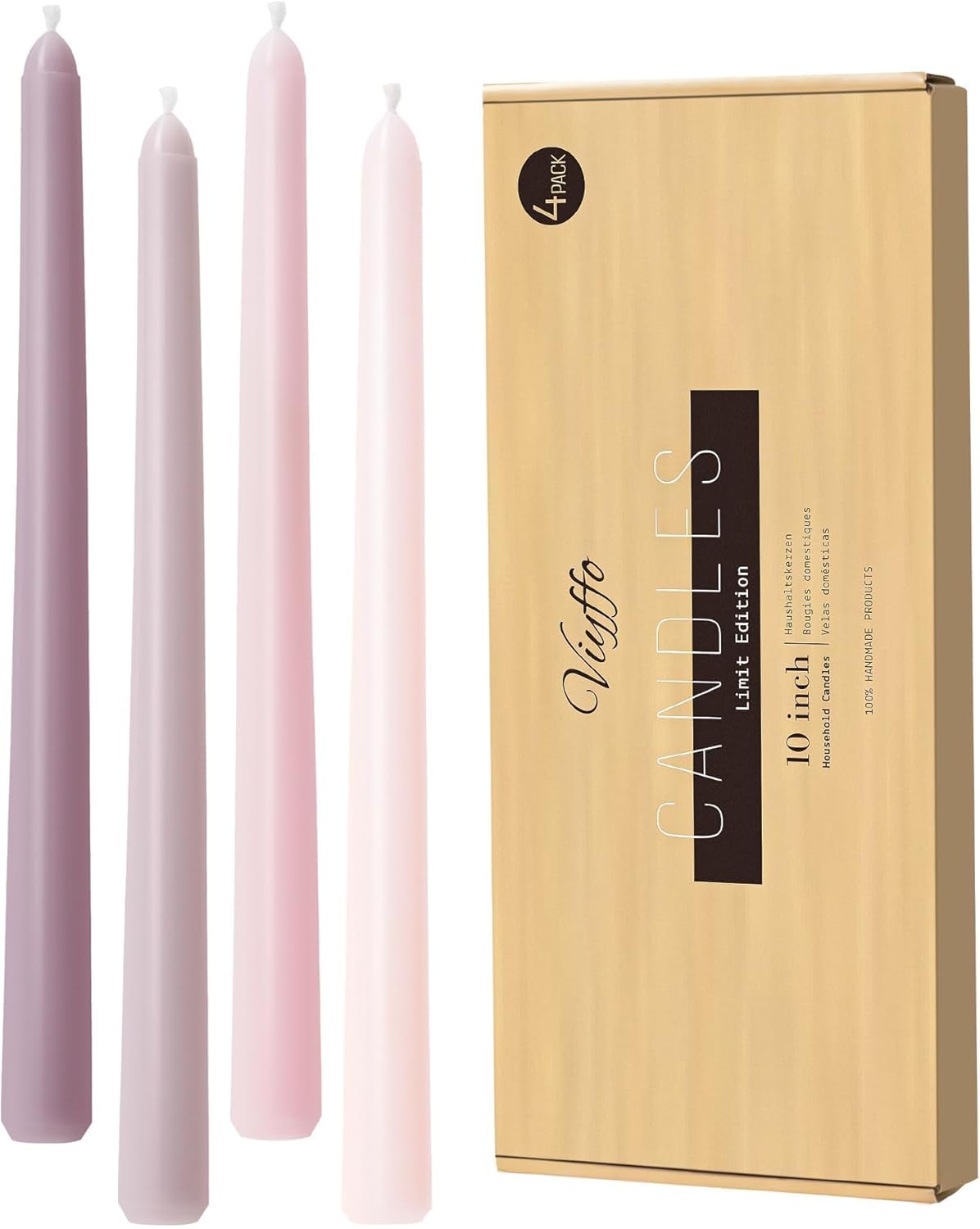 Viyffo Taper Candles, 10 Inch, 4 Pack, Olive Glow – Unscented, Dripless & Smokeless Design, Up to 8 Hour Burn – Long Tall Taper Candlesticks for Wedding, Dinner & Home Decor