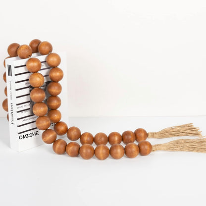 OMISHE Extra Large Wood Bead Garland with 1.6" Diameter Wooden Beads and Tassels, 41" Long Rustic Farmhouse Country Decorative Beads for Home Tiered Tray Decor, Natural Beige