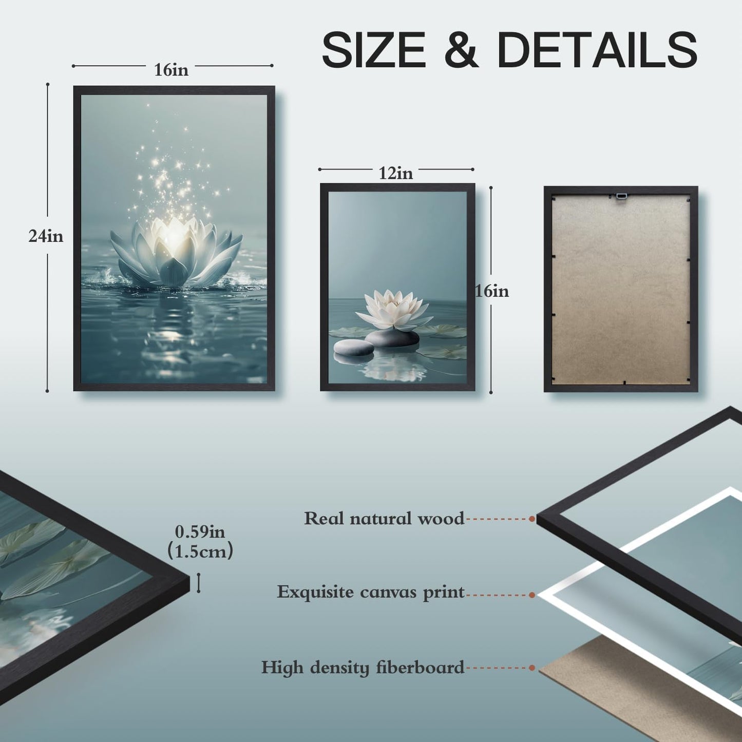 GELDSTEI Calm Zen Botanical Canvas Wall Art, White Lotus Blooming on Stones in Water Aesthetic Pictures, Yoga Spa Meditation Room Decor, Modern Spiritual Poster Prints for Zen Office Framed Set of 3, Each 12x16 Inch