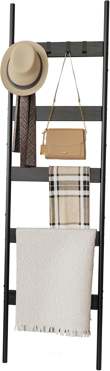 Blanket Ladder, 5-Tier Towel Holder with 4 Removable Hooks, Farmhouse Wall Leaning Decorative Rack Shelf, Wooden Towel Display Rack, Quilt Ladder for Living Room, Bedroom, Rustic Brown