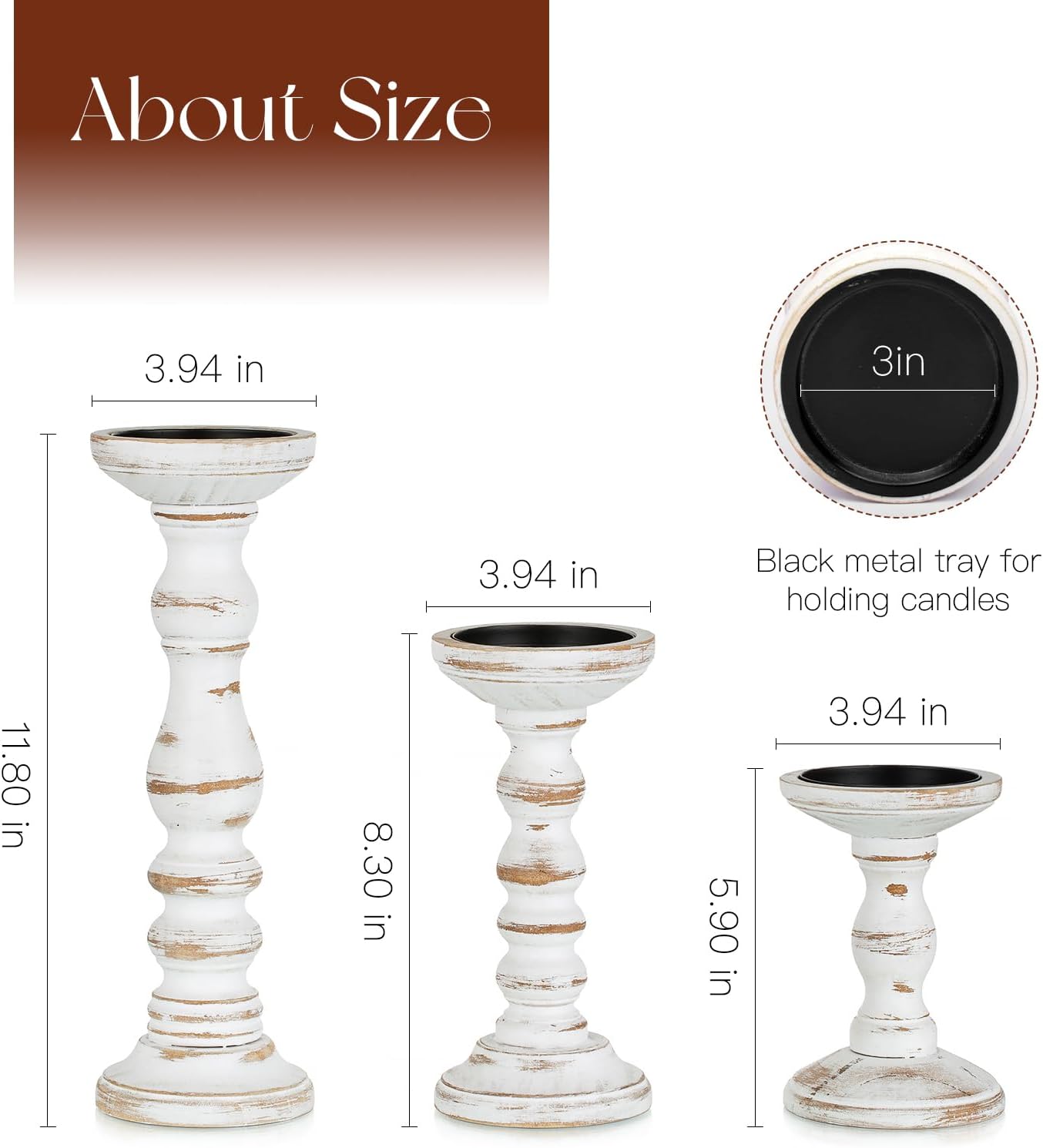 Candeldo Wood Candle Holders for Pillar: Rustic Candles Holder Set of 3 Tall Table Centerpiece Shabby Chic Decor Wooden White Farmhouse Decorations for Fireplace Mantle