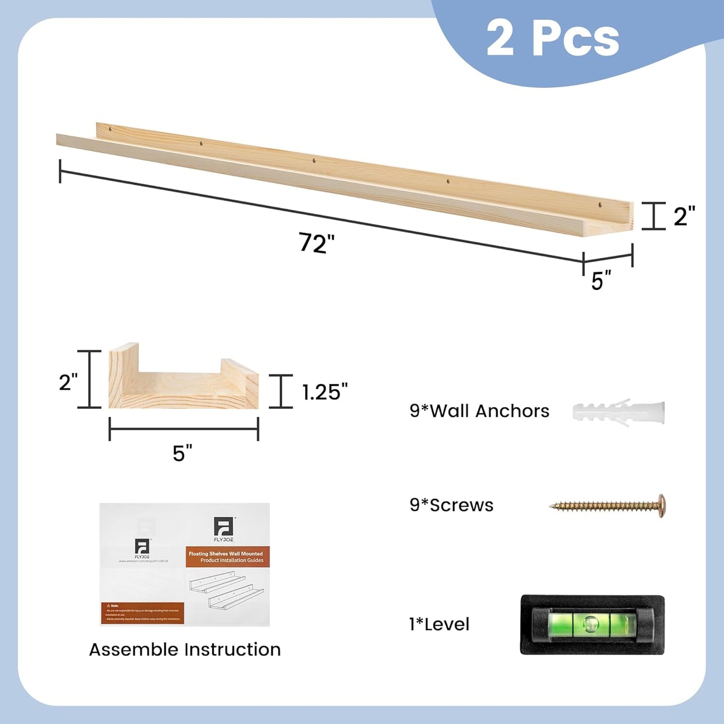 FLYJOE Picture Ledge Shelf, Floating Shelves Set of 2, Solid Pine Wood 55'' Long Large Nursery Book Shelves for Toys Storage, Kids Bookshelf for Living Room Bedroom Decor Books Photo Frames, Walnut