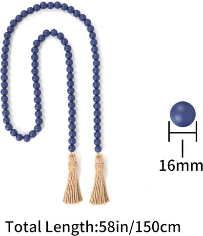 58in Wood Bead Garland with Tassels, Farmhouse Rustic Country Decor Prayer Boho Wall Hanging Decoration (Nature)