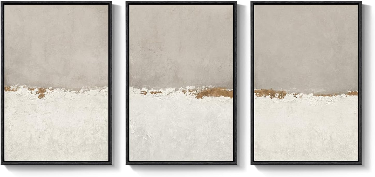 Large Framed Neutral Abstract Wall Art for Living Room, 3 Piece Modern Canvas Prints Paintings Artwork for Walls, Black and Beige Pictures for Living Room Hallway Stair Office Wall Decor 24x36 Inch