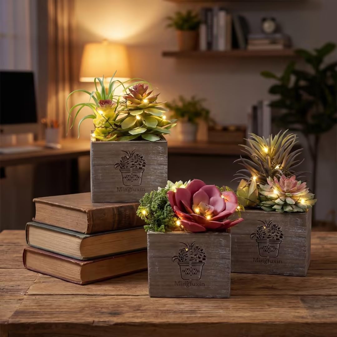 Succulent Plants Artificial, 3 Pack Small Fake Plants in Wood Pot for Home Decor, Farmhouse Artificial Plants Indoor for Living Room Bathroom Bedroom Office Kitchen Desk Wedding Coffee Table Decor