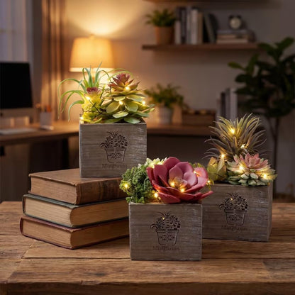Succulent Plants Artificial, 3 Pack Small Fake Plants in Wood Pot for Home Decor, Farmhouse Artificial Plants Indoor for Living Room Bathroom Bedroom Office Kitchen Desk Wedding Coffee Table Decor