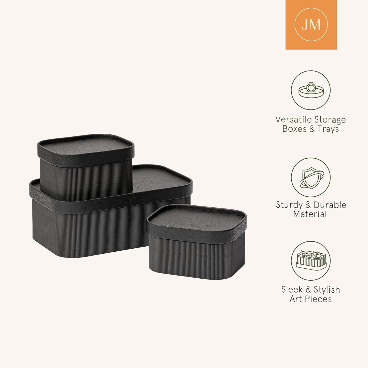 LA JOLIE MUSE Fluted Cardboard Storage Baskets with Leather-Like Lids, Sturdy Stackable Paper Boxes Decorative Tray, Chocolate Brown, Set of 3