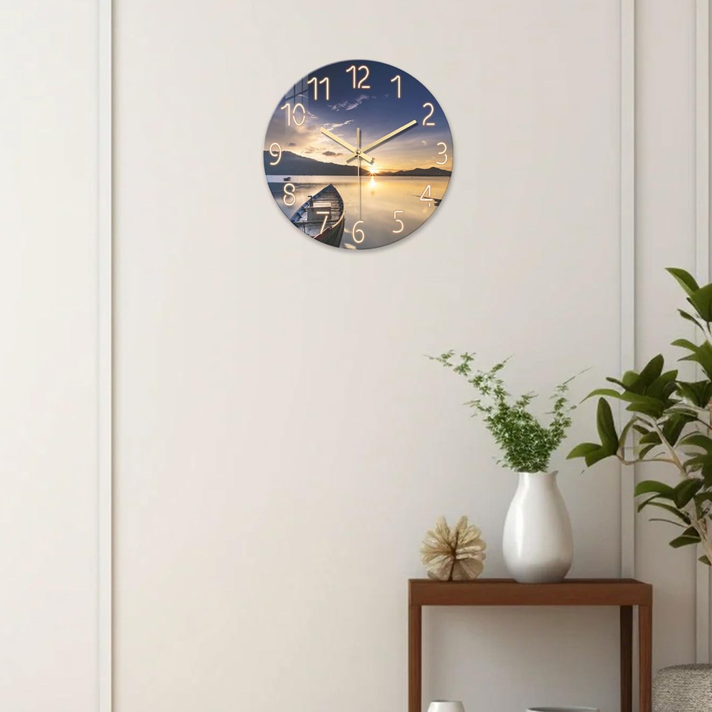 Beach Wall Clock Battery Operated 12 Inch Glass Wall Clock Non Ticking Analog Blue Wall Clocks for Bedroom Living Room Office Decor