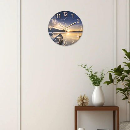 Beach Wall Clock Battery Operated 12 Inch Glass Wall Clock Non Ticking Analog Blue Wall Clocks for Bedroom Living Room Office Decor