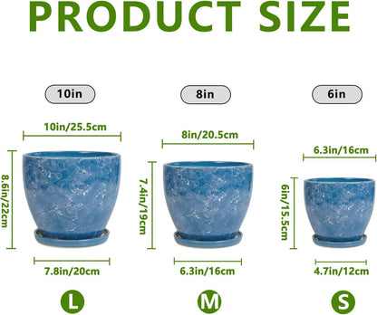 Plant Pots Indoor, Ceramic Planters Pots with Drainage Holes and Saucers, 10+8+6 Inch, Set of 3, Round Large Flower Pots for Indoor Outdoor Plants, Blue