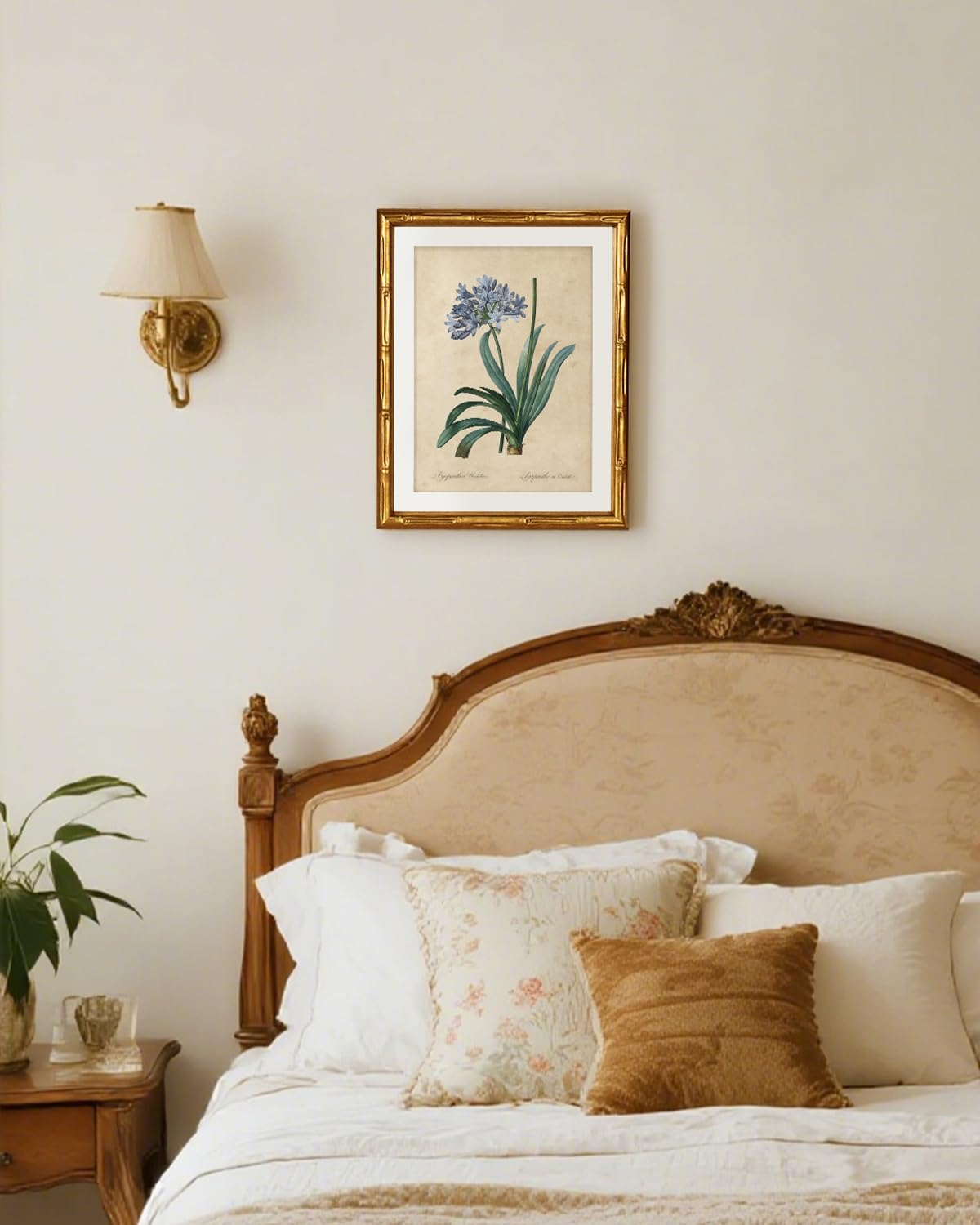 InSimSea Gold Bamboo Framed Canvas Wall Art, Retro Blue Hydrangea Botanical Prints, Antique Flowers Picture Frame with Mat, Victorian Home Wall Decor for Kitchen Living Room Bedroom, 11x14inch