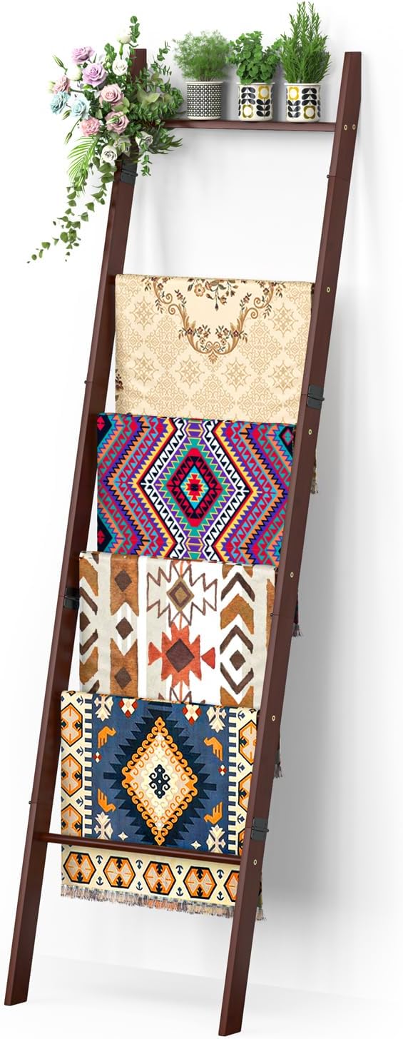 BAMBANG 6-Tier Blanket Ladder for Living Room, Blanket Quilt Ladder Rack Rustic Decorative Towel Holder, Wall Leaning Blanket Ladder Shelf Storage Farmhouse Decor for Bedroom Bathroom, Black
