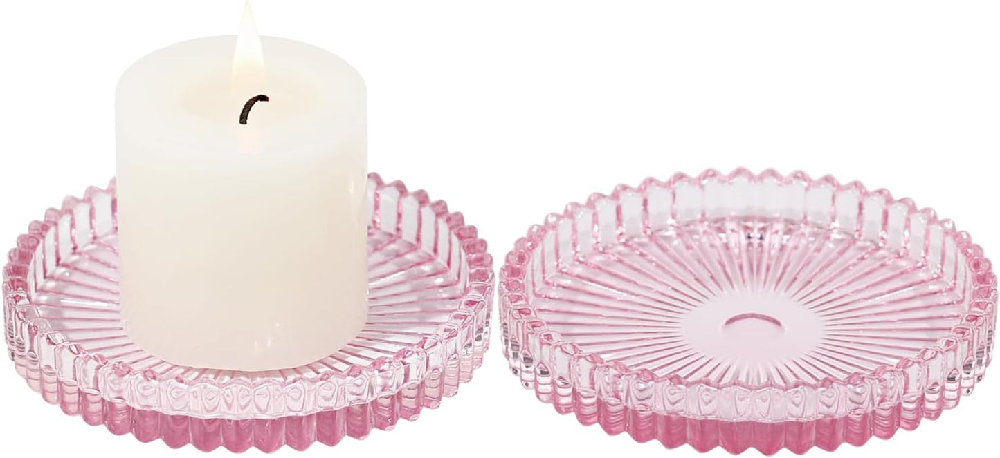 Vixdonos 3.8 Inch Glass Pillar Candle Holder Set Pack 2 Gear Round Plate Serrated Candle Stand for Table Centerpieces,Party, Wedding and Home Decor