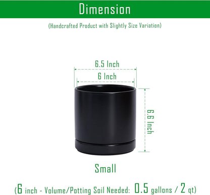 D'vine Dev 6.5 Inch Ceramic Planter Pot with Drainage Hole and Saucer, Indoor Cylinder Round Planter Pot, Olive, 94-O-C-J