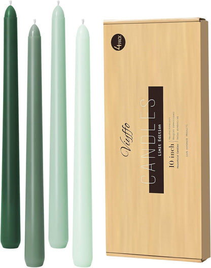 Viyffo Taper Candles, 10 Inch, 4 Pack, Olive Glow – Unscented, Dripless & Smokeless Design, Up to 8 Hour Burn – Long Tall Taper Candlesticks for Wedding, Dinner & Home Decor