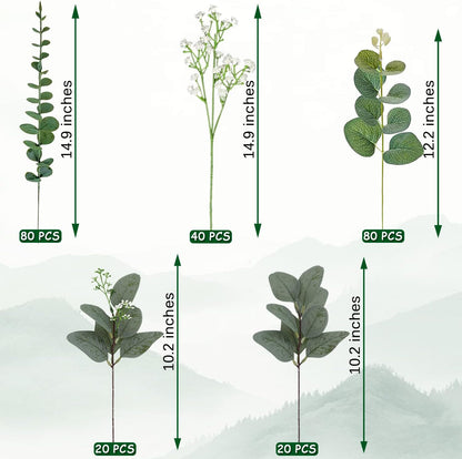 120 Pcs 6 Kinds Mixed Eucalyptus Leaves Stems Bulk Artificial Silver Dollar Leaves Picks Dried Eucalyptus Bundle Faux Spray for Wedding Vase Bouquet Decor (Eucalyptus Leaves Stems-120)