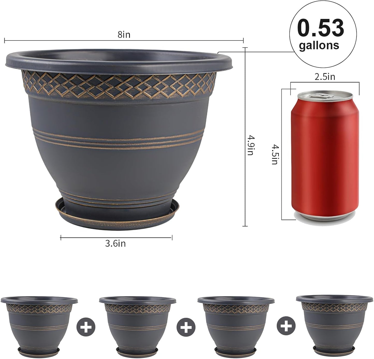 Usocik 10 Inch 4 Pack Plant Pots, Plastic Flower Pot for Indoor & Outdoor with Drainage Holes & Saucer, Plaid Pattern Planters Garden Pots for Herbs
