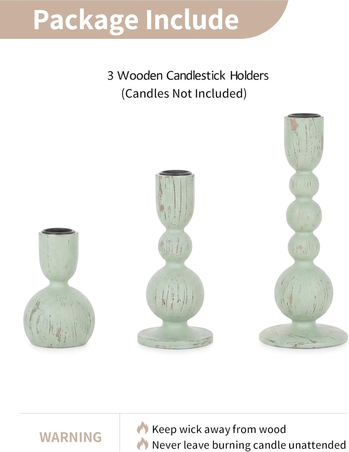 NUPTIO Candle Stick Holders Decor: Set of 3 Farmhouse Wooden Taper Candle Holders - Rustic Sage Green for Home Coffee Dinner Table